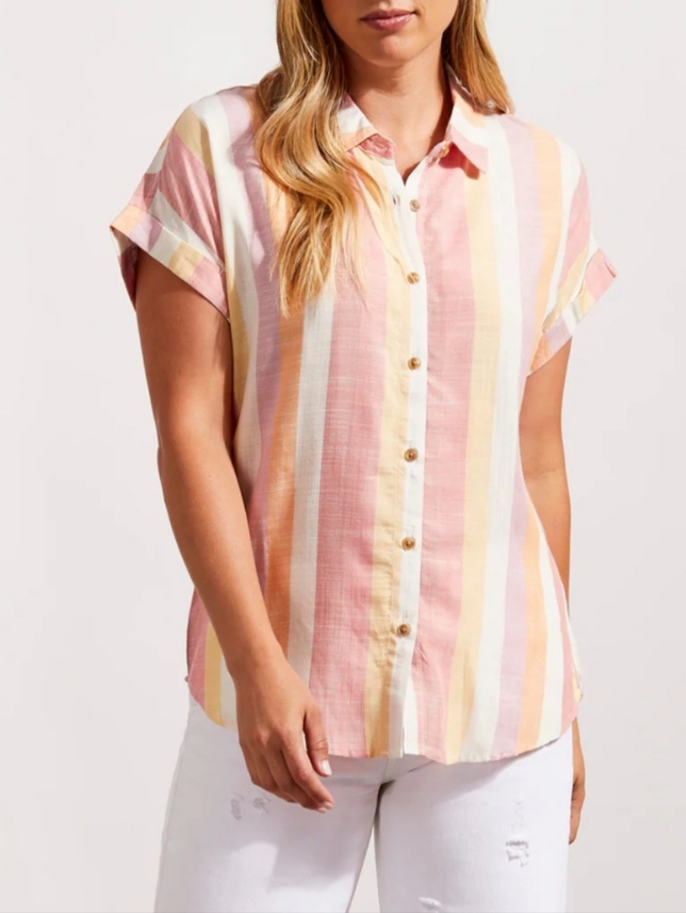 Tribal Pink Yellow Stripe Short Sleeve Button Up Blouse S